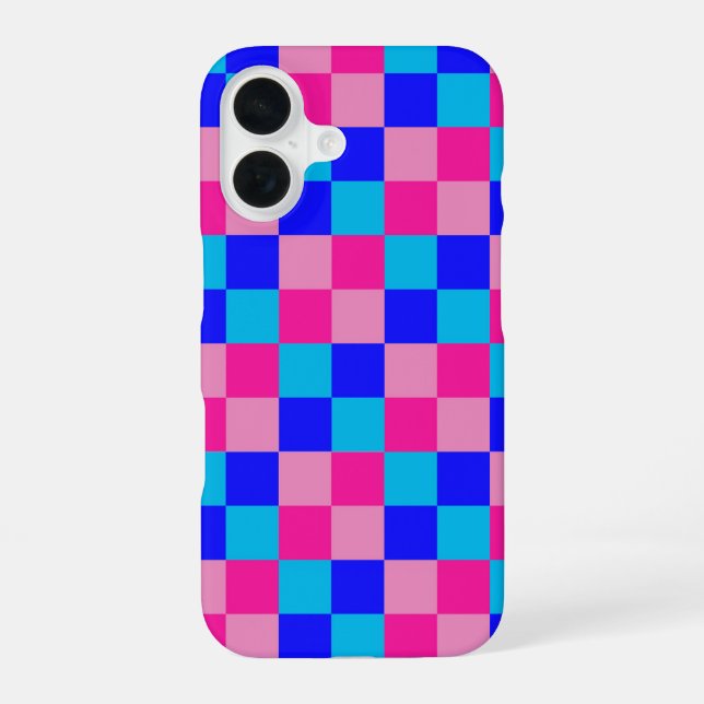 Pink and Blue Chequered Print iPhone 16 Case (Back)