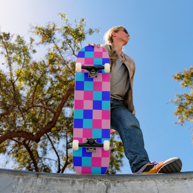Pink and Blue Chequered Print Skateboard (Outdoor 1)