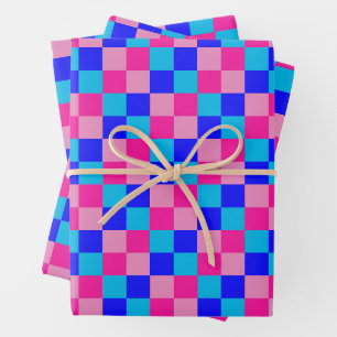 Pink and Blue Chequered Print Wrapping Paper Sheet