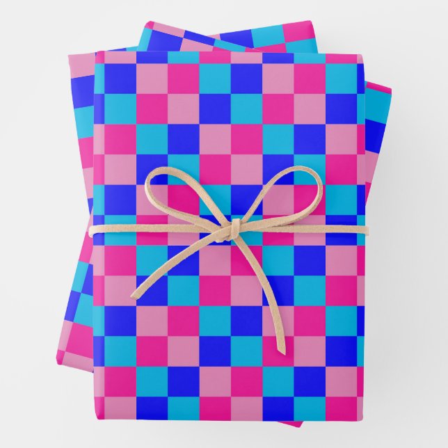Pink and Blue Chequered Print Wrapping Paper Sheet (In situ)