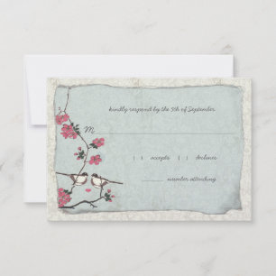 Pink and Blue Cherry Blossom Chickadee RSVP Card