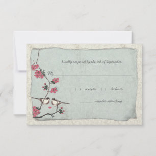 Pink and Blue Cherry Blossom Chickadee RSVP Card