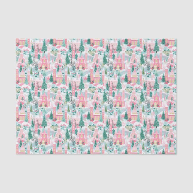 Pink and Blue Christmas Churches Tissue Paper (Front)