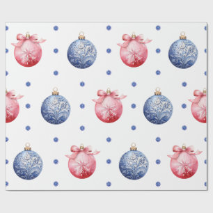 Pink and Blue Christmas Ornaments on White Wrapping Paper
