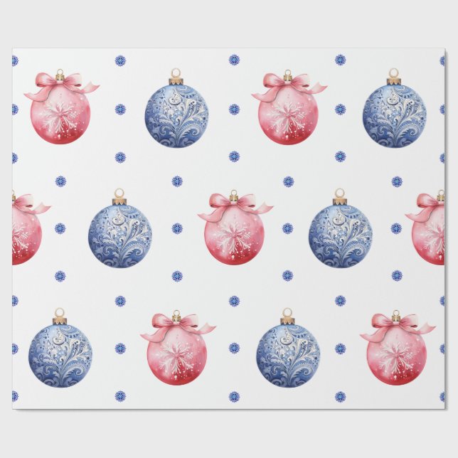 Pink and Blue Christmas Ornaments on White Wrapping Paper (Flat)