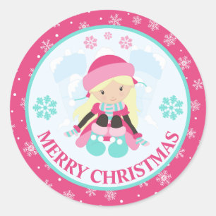 Pink and Blue Christmas Snow Girl Winter Classic Round Sticker