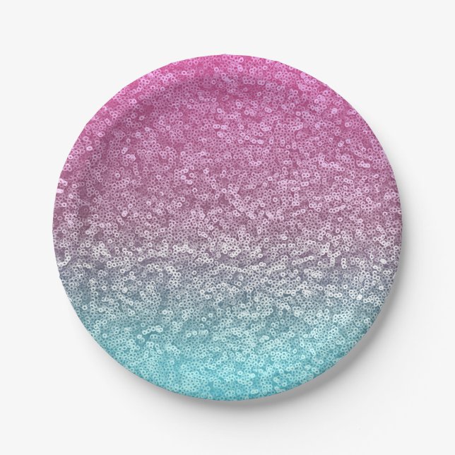 Pink and Blue Circle Glitter Sparkle Shiny Shimmer Paper Plate (Front)