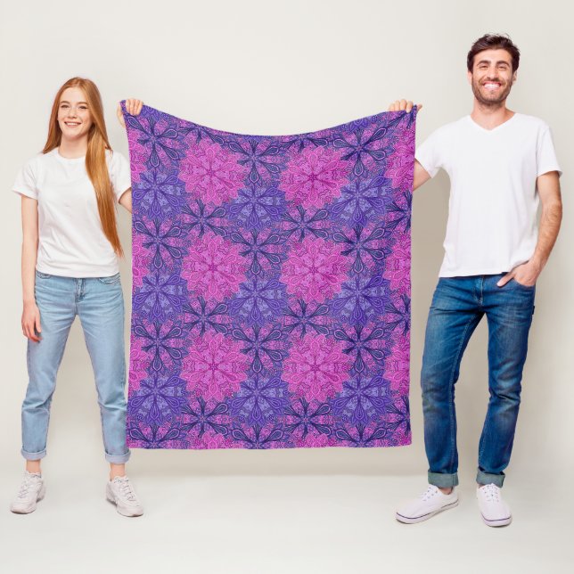 Pink and blue colourful mandala pattern fleece blanket (In Situ)