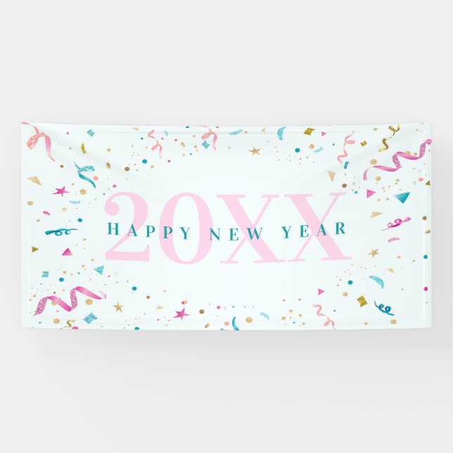 Pink and Blue Confetti New Years Party Banner (Horizontal)
