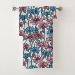 Pink and blue cornflowers on white bath towel set