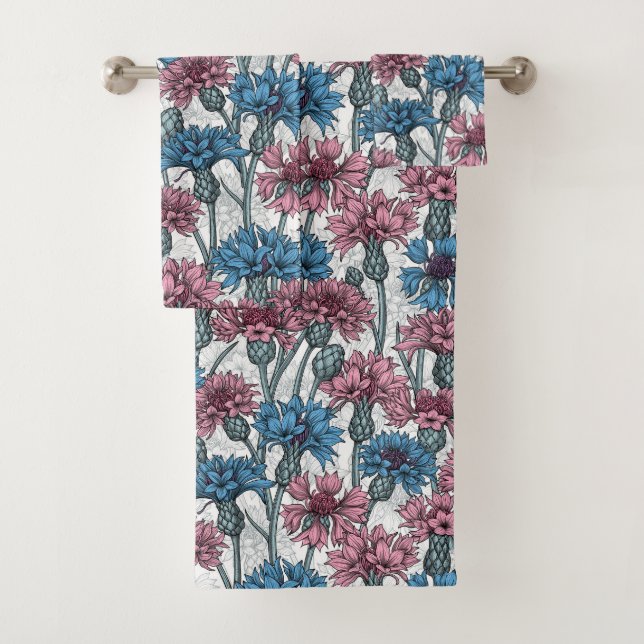 Pink and blue cornflowers, wild flowers on white bath towel set (Insitu)