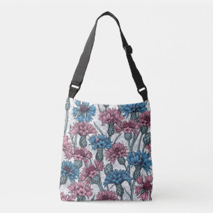 Pink and blue cornflowers, wild flowers on white crossbody bag