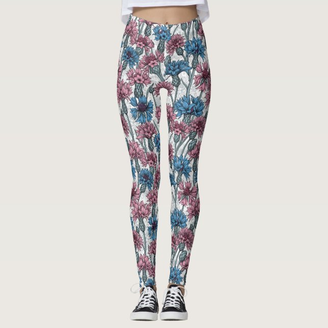 Pink and blue cornflowers, wild flowers on white leggings (Front)