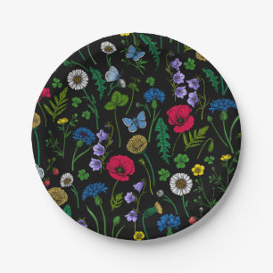 Pink and blue cornflowers, wild flowers on white p paper plate