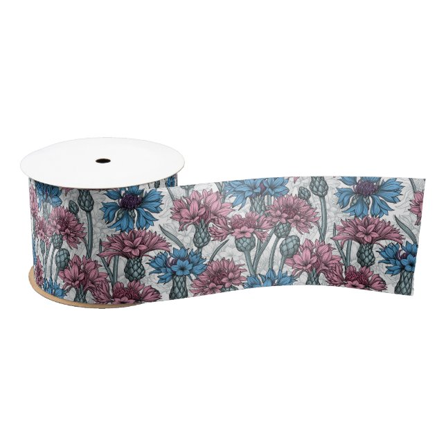 Pink and blue cornflowers, wild flowers on white satin ribbon (Spool)