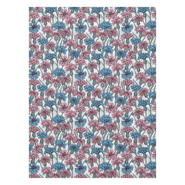 Pink and blue cornflowers, wild flowers on white tablecloth (Front)
