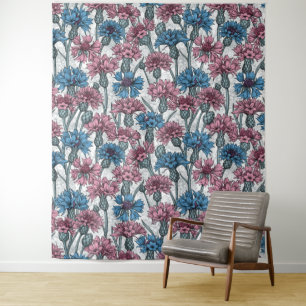 Pink and blue cornflowers, wild flowers on white tapestry