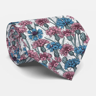 Pink and blue cornflowers, wild flowers on white tie