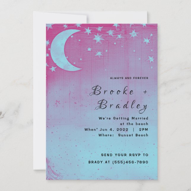 Pink and Blue Crescent Moon Celestial Wedding Invitation (Front)