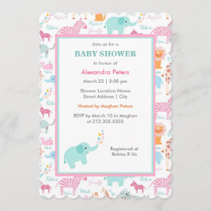 Pink and Blue Cute Animal Safari Baby Shower Invitation