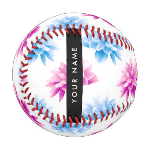 Pink and Blue Dahlia, Floral Pattern, Your Name Baseball