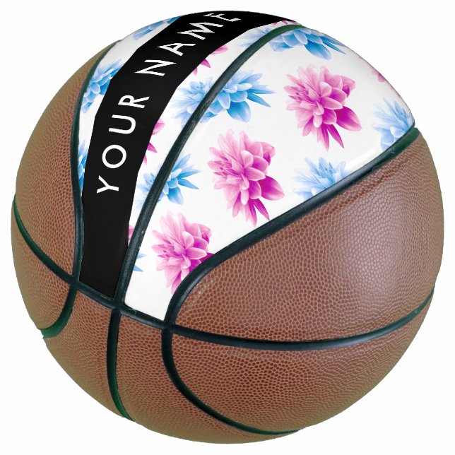 Pink and Blue Dahlia, Floral Pattern, Your Name Basketball (Angled)