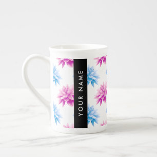 Pink and Blue Dahlia, Floral Pattern, Your Name Bone China Mug