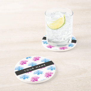 Pink and Blue Dahlia, Floral Pattern, Your Name Coaster