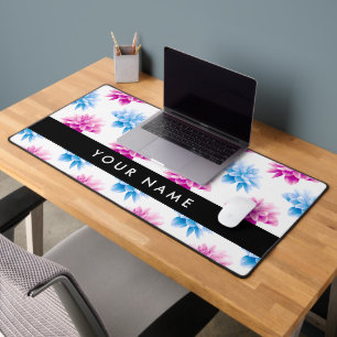 Pink and Blue Dahlia, Floral Pattern, Your Name Desk Mat
