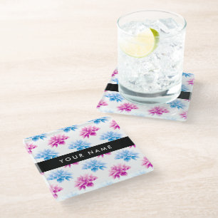 Pink and Blue Dahlia, Floral Pattern, Your Name Glass Coaster