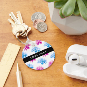 Pink and Blue Dahlia, Floral Pattern, Your Name Key Ring