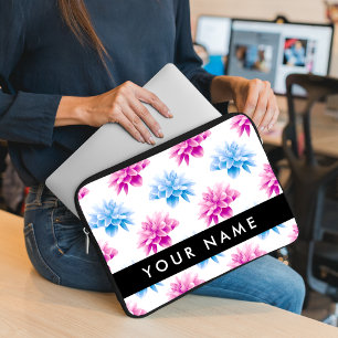 Pink and Blue Dahlia, Floral Pattern, Your Name Laptop Sleeve