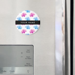 Pink and Blue Dahlia, Floral Pattern, Your Name Magnet