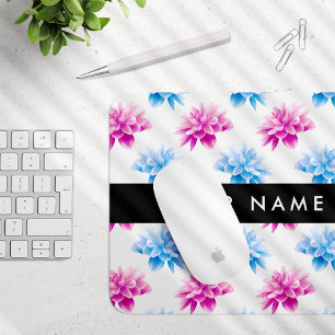 Pink and Blue Dahlia, Floral Pattern, Your Name Mouse Pad