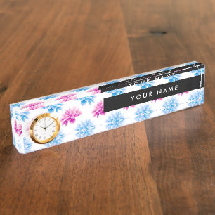 Pink and Blue Dahlia, Floral Pattern, Your Name Nameplate