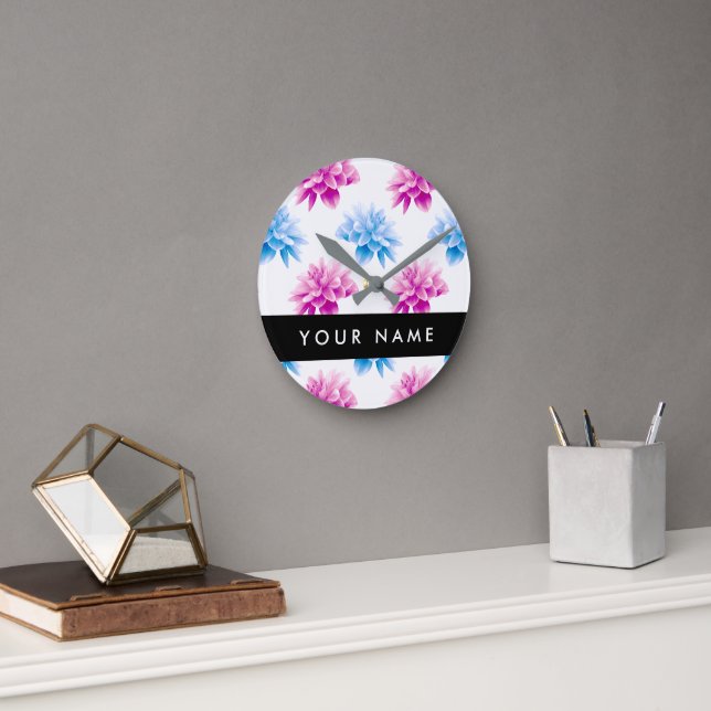 Pink and Blue Dahlia, Floral Pattern, Your Name Round Clock (Office)