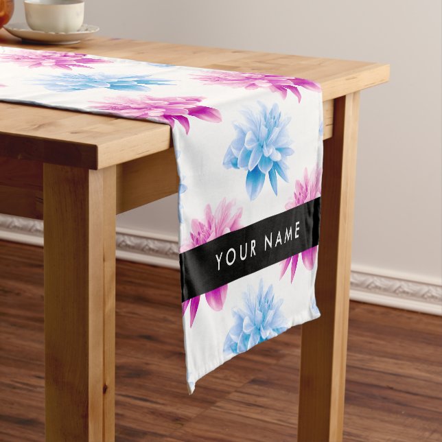 Pink and Blue Dahlia, Floral Pattern, Your Name Short Table Runner (In Situ)