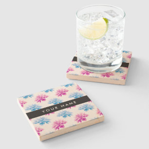 Pink and Blue Dahlia, Floral Pattern, Your Name Stone Coaster