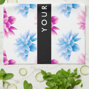 Pink and Blue Dahlia, Floral Pattern, Your Name Tea Towel