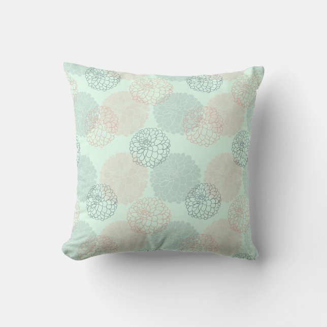 Pink and Blue Dahlias Throw Pillow (Front)