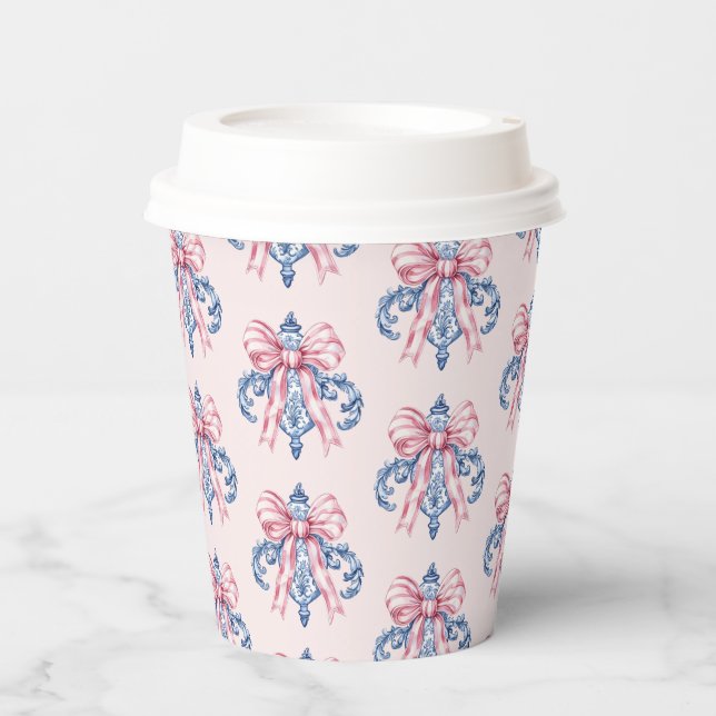 Pink and Blue Damask Ornament with Pink Bow Paper Cups (Front)