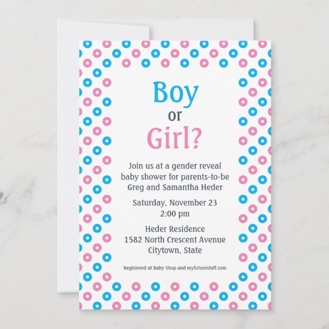 Pink and Blue Diagonal Dot Gender Reveal Shower Invitation (Front)