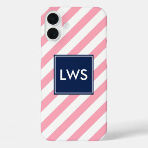 Pink and Blue Diagonal Stripes Monogram iPhone 16 Plus Case