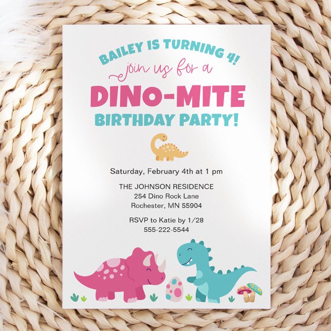 Pink and Blue Dinosaur Birthday Party Invitation (Creator Uploaded)