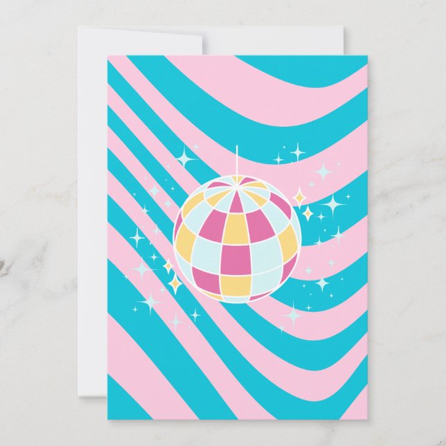 Pink and Blue Disco Ball, Party Art, Preppy, 80s Invitation (Front)