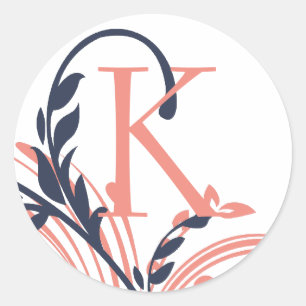 Pink and Blue Double Floral Monogram Classic Round Sticker