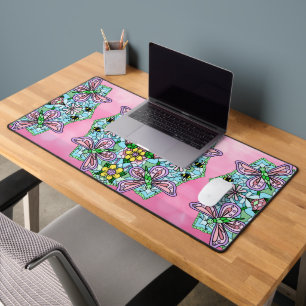 Pink and Blue Dragonflies and Flowers Mandala Desk Mat