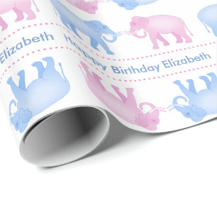 Pink and Blue Elephants Birthday or Gender Reveal Wrapping Paper