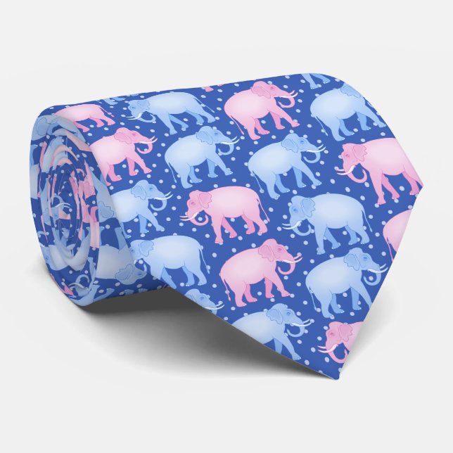 Pink and Blue Elephants Gender Reveal Party Tie (Rolled)