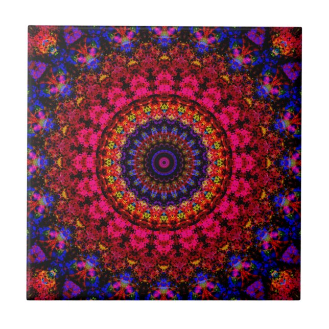 Pink and blue ethnic Damask mandala kaleidoscope  Ceramic Tile (Front)